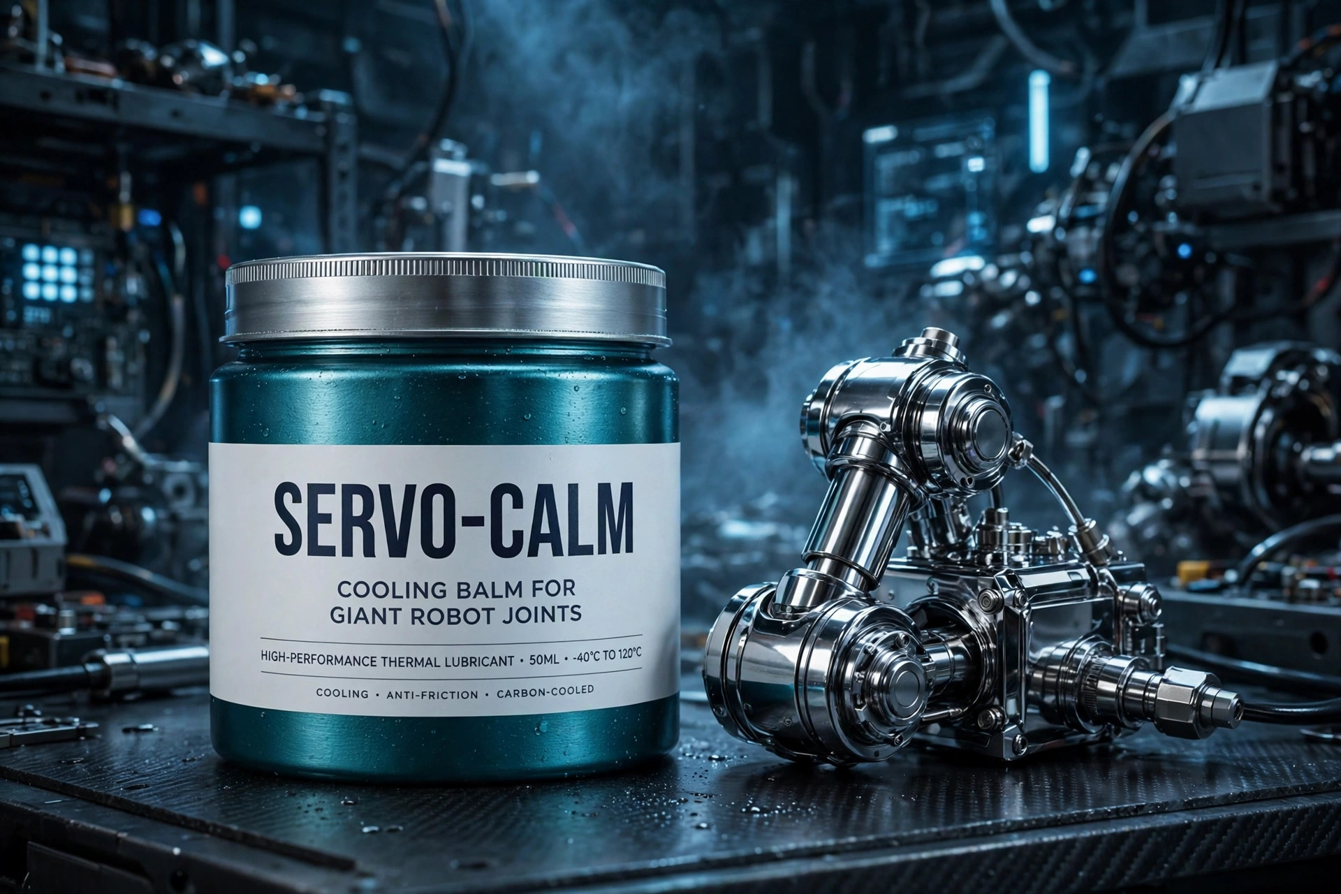 Jar balsem pendingin SERVO-CALM berwarna teal dengan tutup perak.